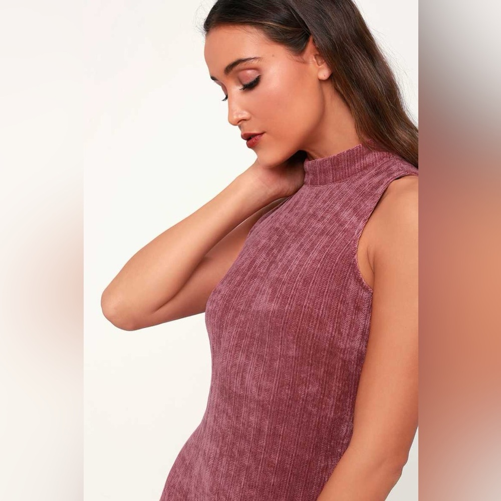 💋 LULUs Hello Cozy Mauve Pink Chenille Mock Neck Sweater Dress. Size MEDIUM - Picture 3 of 7